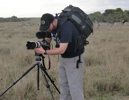 Tom Aveling on location, filming with zebras in the background